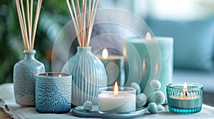 A collection of candles and diffusers fill the air with soothing scents creating a calming and inviting atmosphere