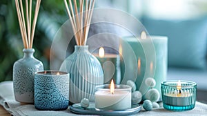 A collection of candles and diffusers fill the air with soothing scents creating a calming and inviting atmosphere photo