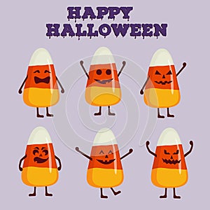 Collection of candy corn character in cartoon style. Happy Halloween concept greeting card, poster.