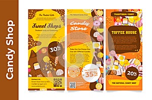 Collection candy shop promo poster with place for text vector illustration sweet delicious store