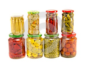 Collection canned vegetables in glass jars