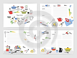 Collection of card templates for making notes about preparation of food. Blank recipe book or cookbook pages decorated