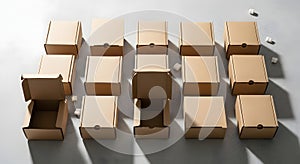 Collection of Cardboard Boxes Arranged on a Light Gray Surface