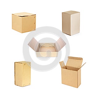 Collection of cardboard boxes isolated on white background