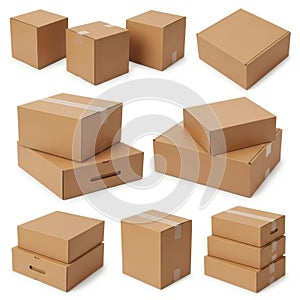 Collection of cardboard boxes isolated on white background
