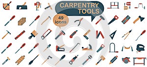 Collection of carpentry tools icons. Tool for carpentry workshop. Colored bright icons of carpentry tools. Vector illustration