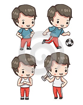 Collection of cartoon boy in sportswear isolated on white background.