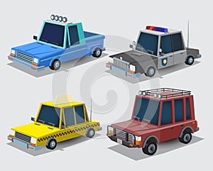 Collection of cartoon cars. Village pickup truck, police car, taxi and jeep. Cars set isolated on white background. Vector