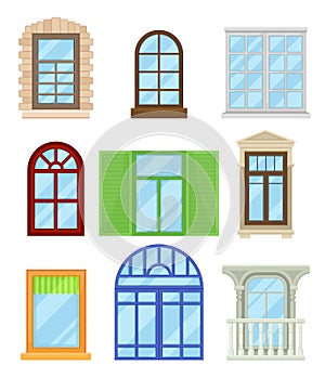 Collection of cartoon colored windows on white background.