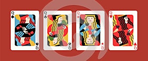 Collection of cartoon different suits playing card queen isolated on red background. Gamble winner poker hand, four of a