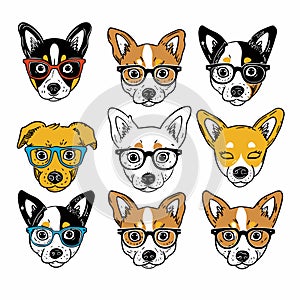 Collection cartoon dogs wearing glasses, various expressions colorful eyewear. Quirky cute dog