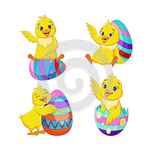 Collection of cartoon Easter chick with eggs