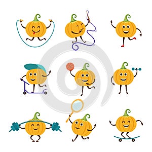 Collection cartoon funny pumpkin practicing different sports.