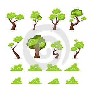 Collection cartoon green tree and bushes isolated on white background.