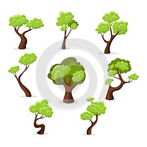 Collection cartoon green tree isolated on white background.