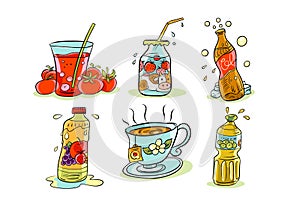 A collection of cartoon icons with images of various food products in particular beverages