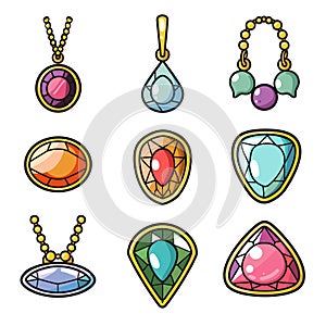 Collection cartoon jewelry charms colorful gemstones. Various shapes pendants necklaces vibrant photo