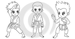 Collection of cartoon karate kid used for coloring book