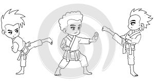 Collection of cartoon karate kid used for coloring book