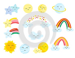 Collection of cartoon kawaii elements - rainbow, stars and sun, planets, clouds.