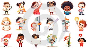 Collection of cartoon little children with different symbol signs and objects. Kids activities, isolated watercolor illustrations