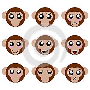 Collection of Cartoon Monkey Faces isolated on white background. Different Emotions, Expressions. Vector Illustation.