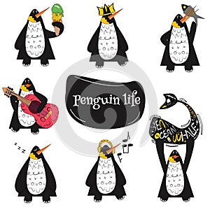 Collection of cartoon penguins with guitar, ice cream, whale, ice cream, fish, crown, illustration for print, postcards, notepads