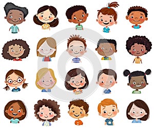 Collection of cartoon smiling kids heads, set of multinational happy little children faces, avatars, isolated on white background