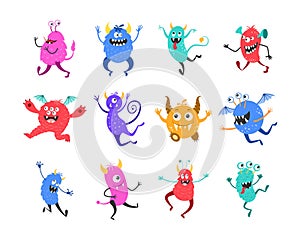 Collection cartoon smiling monsters isolated on white.