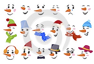 Collection cartoon snowman face vector illustration cute happy and sad winter character facial