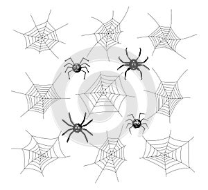 Collection of cartoon spiders and webs. vector