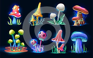 Collection of cartoon style magic fantasy mushrooms glowing in the dark, isolated on white background. For web, video games, user