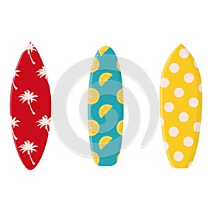 Collection of cartoon surfing boards with summer design. Summer sport leisure activity, holiday equipment. Flat vector