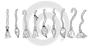 Collection cartoon witch broom doodle style. Halloween symbol set