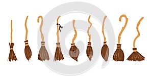 Collection cartoon witch broom. Halloween symbol set
