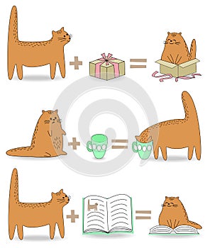 Collection. The cat tears the curtain, the animal drinks from the mug, the pet reads a book. Fun math. Humor, fun. Vector