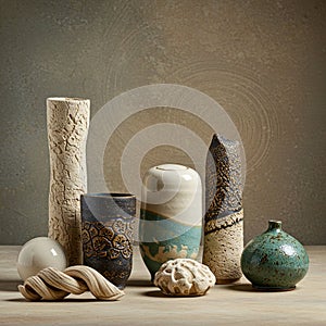 A collection of ceramic art pieces is displayed against a textured background. The