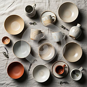 Collection of ceramic dishware is artistically arranged on a textured gray