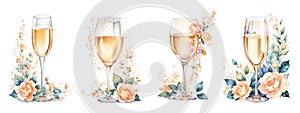 collection of champagne glass with floral adorn in watercolor style