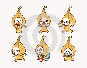 Collection character of people wearing cute onion costume as emoticon with different activities and facial expression