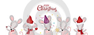 Collection of characters in a flat style. Cute mice or rats for postcards, greetings. Merry Christmas. Stock vector