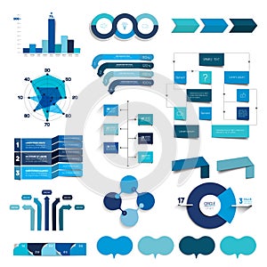 Collection of charts, graphs, flowcharts. Infographics in blue color.