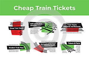 Collection cheap train tickets horizontal placard with place for text vector illustration