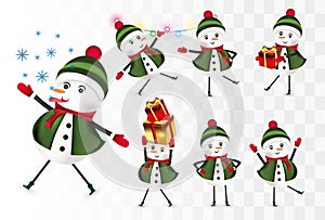 Collection cheerful Snowmans. Christmas characters. Snowman with gift present. Snowman wearing hat, scarf and mittens