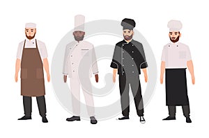 Collection of chefs, qualified cooks, professional restaurant staff or kitchen workers wearing uniform and toque. Set of