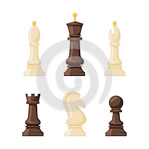 Collection of chess black and white pieces. Bishop, queen, king, knight, rook, pawn piece vector illustration