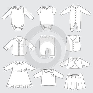 Collection of children clothes, vector illustration of baby sleepwear and outfits for boy and girl