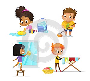 Collection of children doing household routines - mopping floor, washing window, hanging clothes on drying rack. Concept