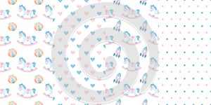 Collection of children\'s seamless patterns from rocking horse, toys, hearts, stripes and dots. Pastel background