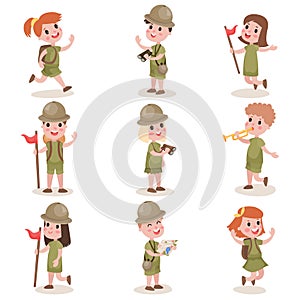 Collection of children scouts camping outfit, summer camp activities